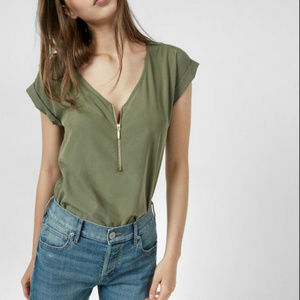 Express Gold Zip V-Neck Top in Forest Green